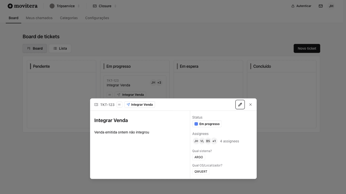 Image that shows movitera closure interface in action. List of tickets and one ticket opened on a modal.
