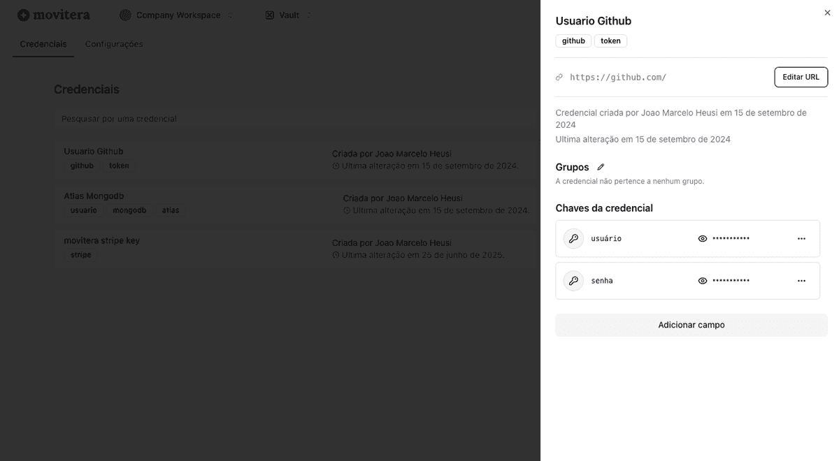 Image that shows movitera vault interface in action. List of credentials and one credential opened on the right side.