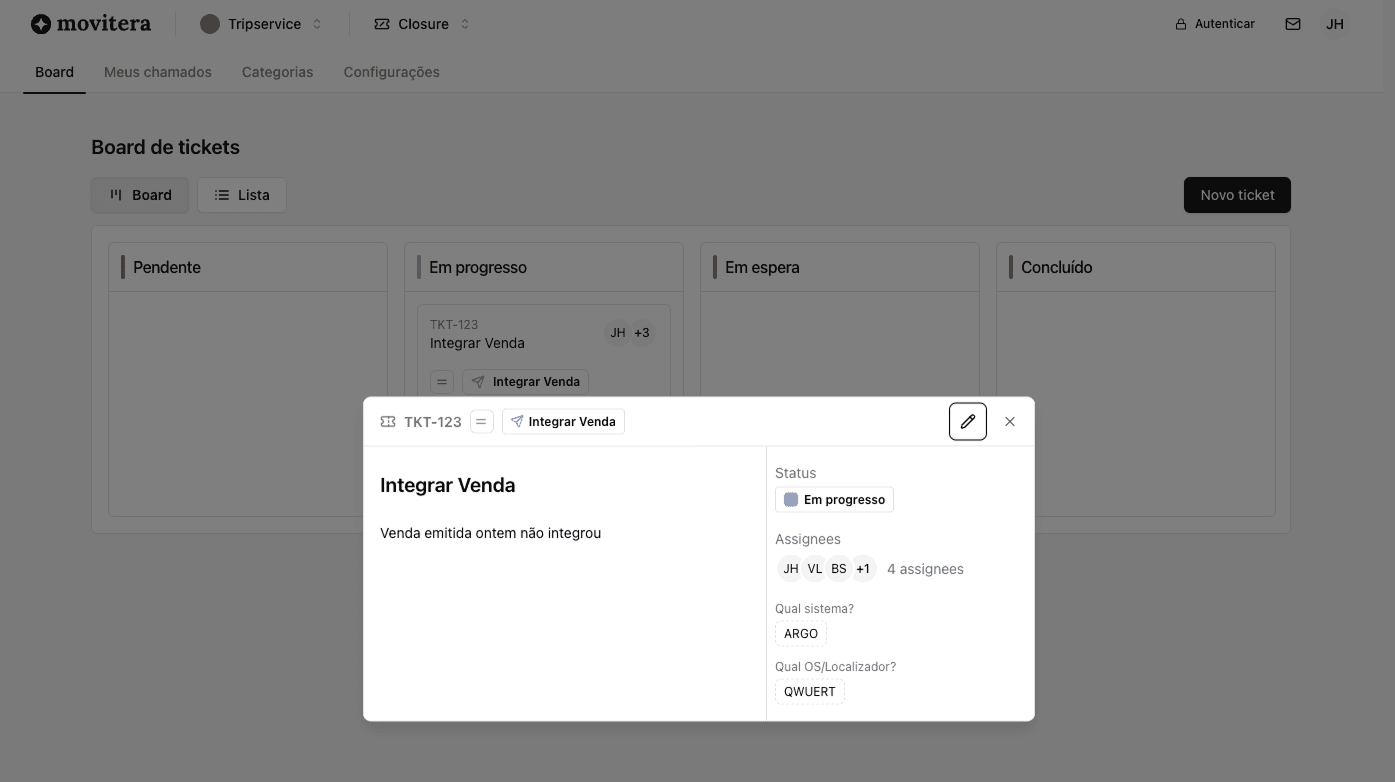 Image that shows movitera closure interface in action. List of tickets and one ticket opened on a modal.