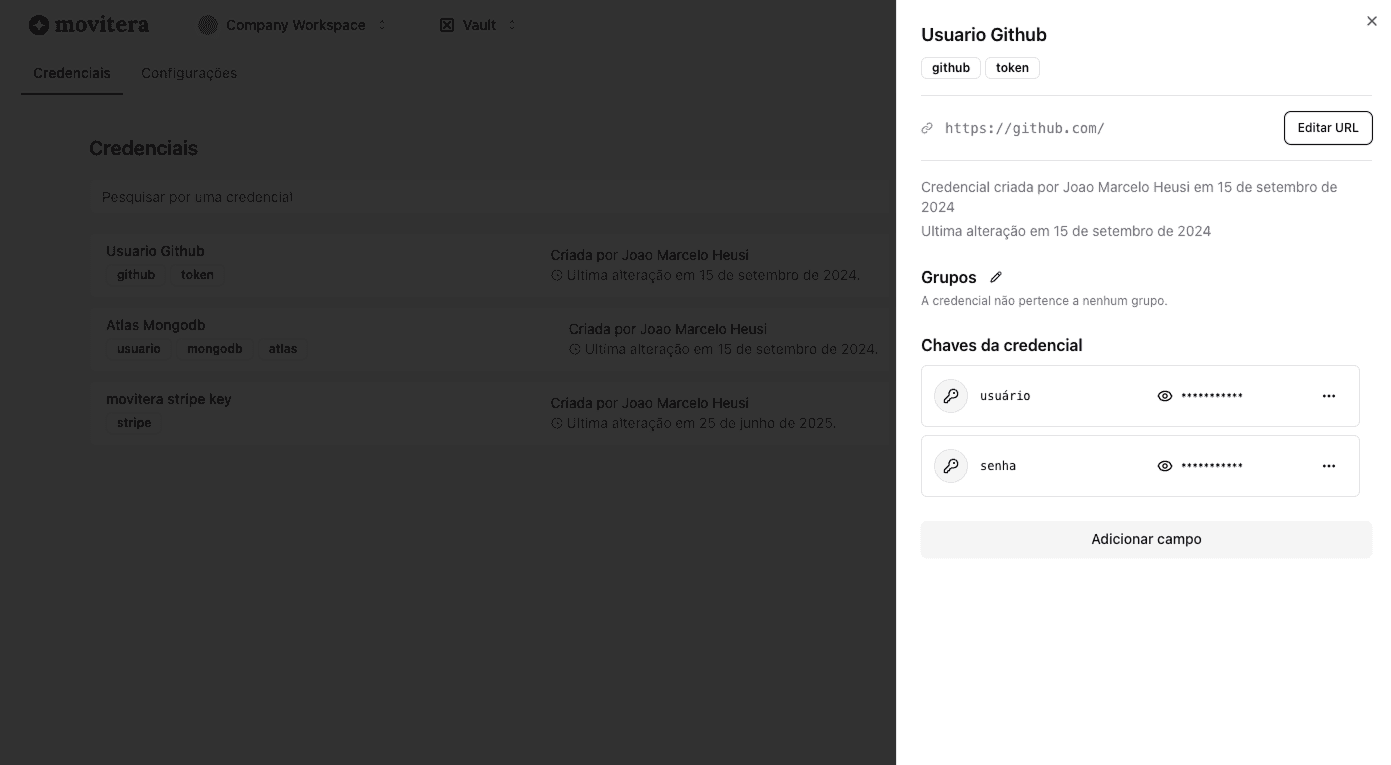 Image that shows movitera vault interface in action. List of credentials and one credential opened on the right side.