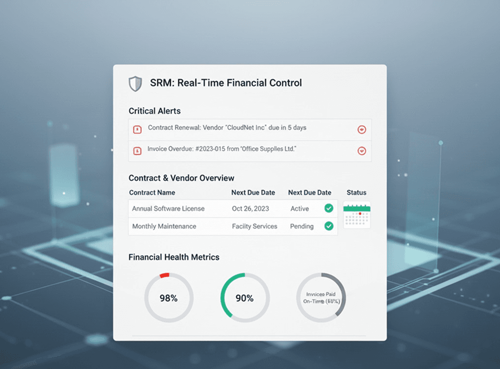 The interface shows alerts, calendar, charts, and supplier summaries, emphasizing clarity, predictability, and prevention of financial oversights.